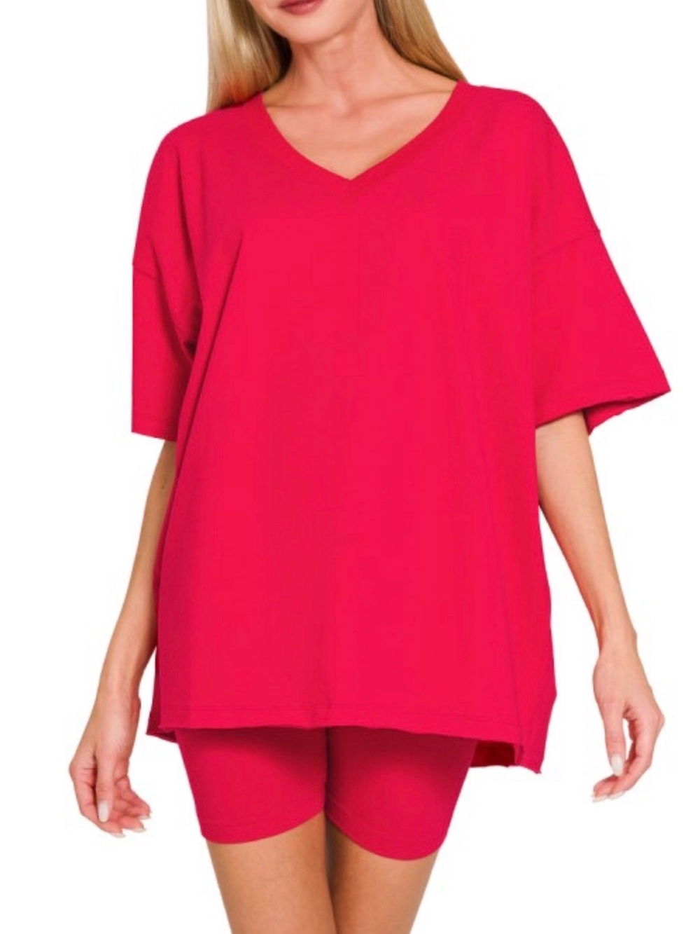 Zenana Outfitters Hot Pink V-Neck Oversized Top and Biker Shorts Set